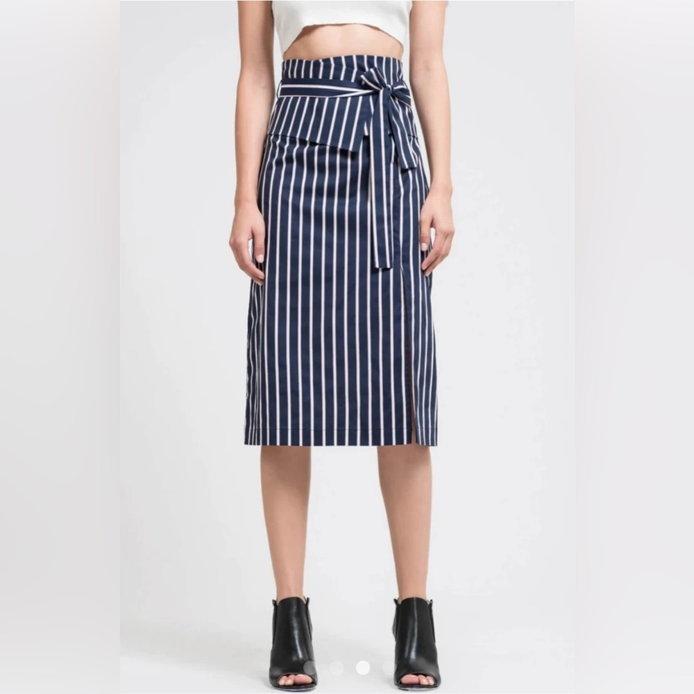 J.O.A. navy blue and white striped high-waisted skirt in size medium, 99% cotton